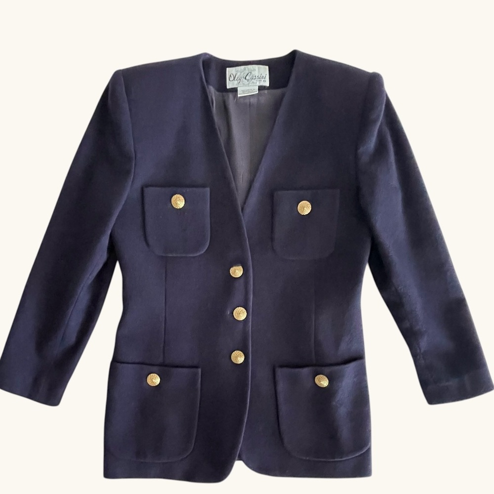 Vtg Oleg Cassini Wool Blazer Womens 8 Petite Navy Blue Gold Button Career Jacket